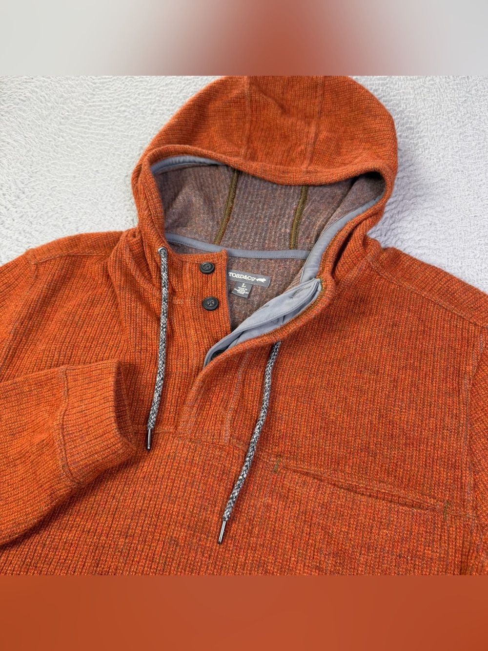 Toad and Co Breithorn Henley Sweater Men Large Orange Hooded Pullover Wool Blend